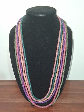 Neutral Earth Pastel Boho Ethnic 6 Strand Wood Beaded Necklace Pink Purple Green